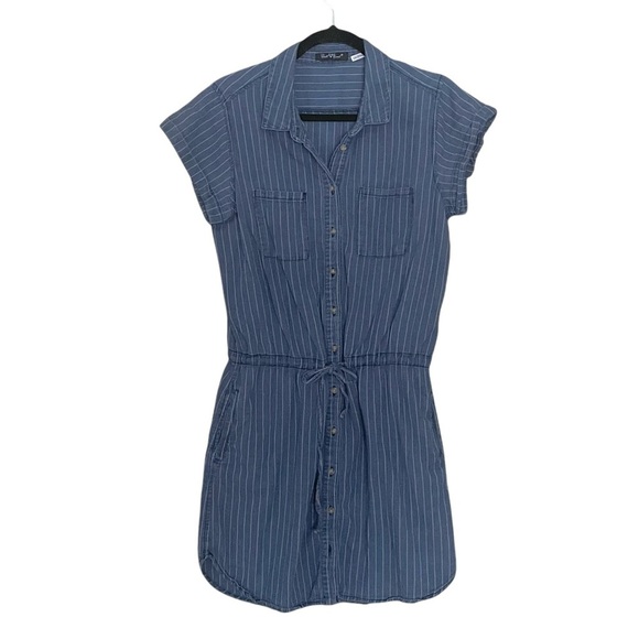 VELVET HEART Pinstripe Short Sleeve Button Front Mini Dress Blue White M - Picture 2 of 6